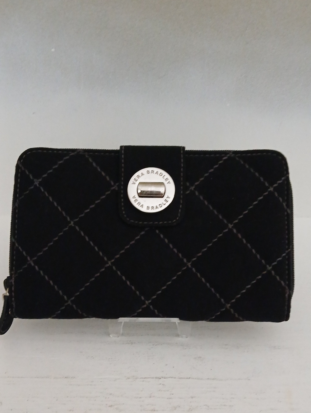 Vera Bradley Black Quilted Snap-Tab Wallet with Silver Hardware